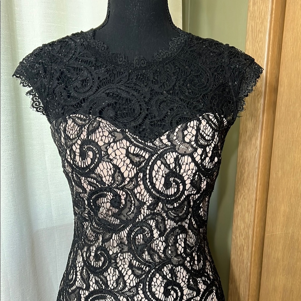 High-Neck, Cap Sleeve Lace and Sequins - Black and Tan Dress - Picture 2 of 5